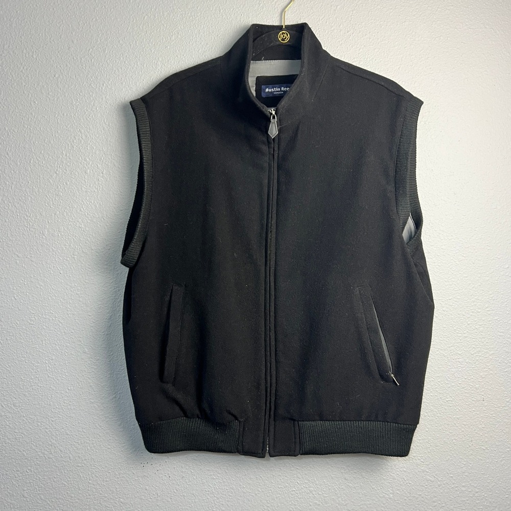 Austin Reed London Mens Large Black Wool Cashmere Full Zip Bomber Vest Mock Neck